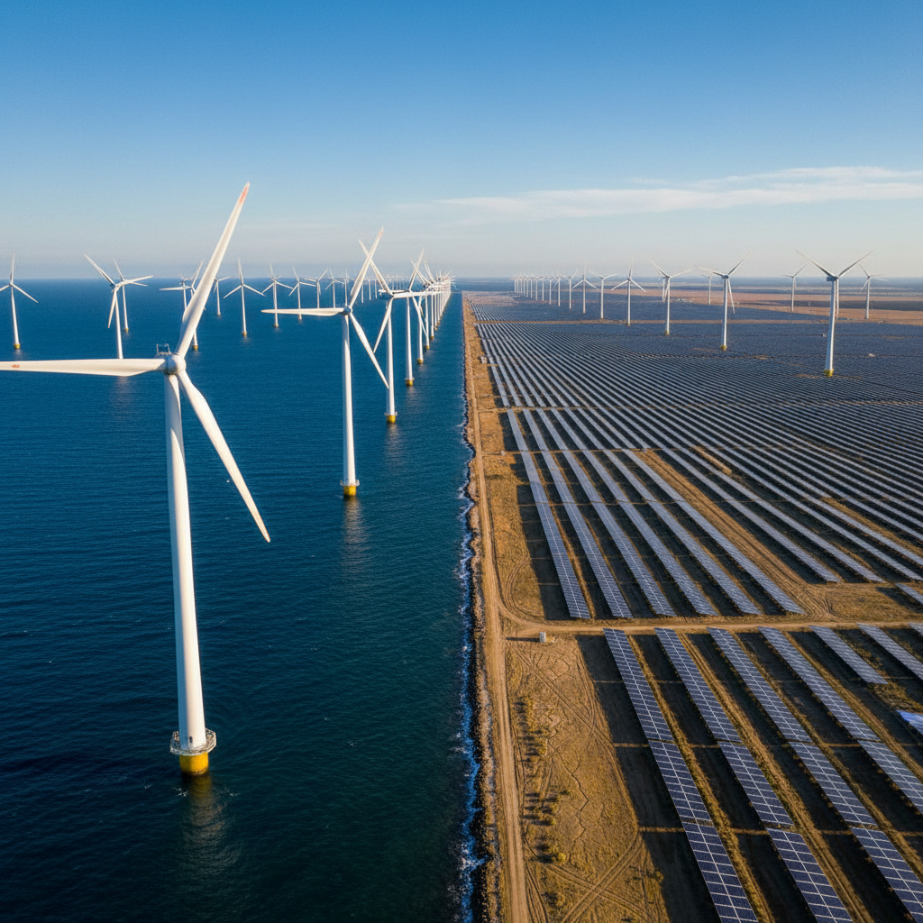A bold, high-contrast photographic realism scene of a sleek offshore wind farm and vast solar field seamlessly meeting at the horizon. Tall white turbines with subtle wear on the paint rise from a deep blue sea, their blades frozen mid-rotation, while in the foreground, perfectly aligned dark-blue photovoltaic panels extend across a dry, golden landscape. The sky is a clear, crisp azure with a few high-altitude clouds. Strong late-afternoon sunlight casts long, dynamic shadows, emphasizing geometry and scale. Captured from a slightly elevated wide-angle perspective with sharp focus throughout, the composition uses the rule of thirds, creating a powerful, optimistic mood about the energy transition, clean and modern in aesthetic.