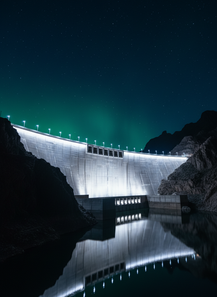 A dramatic, photographic realism night scene of a hydroelectric dam curving across a deep valley, its massive concrete face illuminated by crisp white LED lighting. The spillway is calm, with water reflecting pinpoints of starlight and a subtle aurora-like green glow added in post to symbolize renewable potential. Along the crest of the dam, slender light poles radiate a faint cyan hue, forming a visual “wire” stretching into the distance. The surrounding mountains are dark silhouettes against a navy sky. Shot from a low, slightly off-center angle with a wide lens, the composition feels monumental and bold, showcasing engineering strength and quiet power, with high contrast and a focused, determined atmosphere.