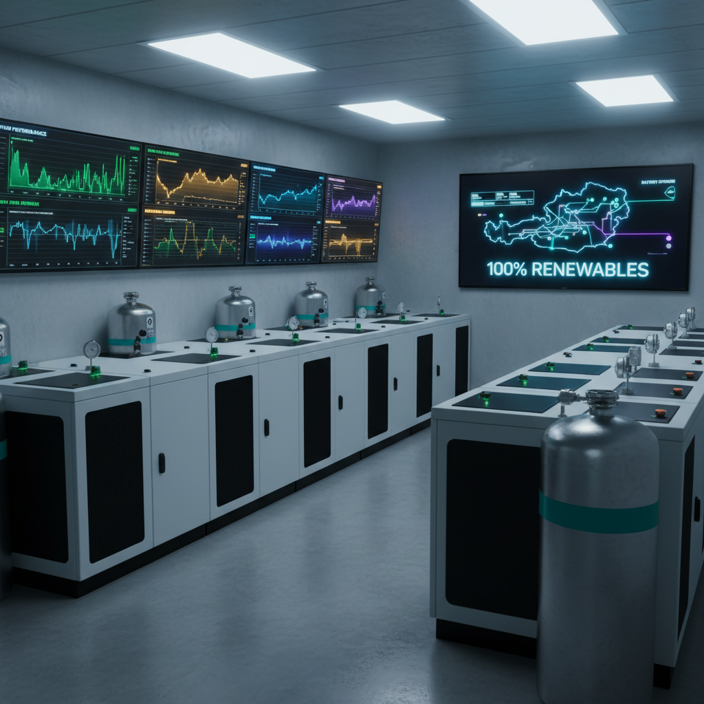 An atmospheric, photographic realism interior of a compact, high-tech hydrogen and battery storage control room. Sleek, wall-mounted screens display real-time, color-coded graphs of wind, solar, hydro, biomass, hydrogen, and storage performance, each labeled clearly. Below, rows of matte-white battery cabinets and cylindrical hydrogen tanks with teal safety markings line a polished concrete floor. The space is lit by a combination of cool overhead LED panels and the soft glow of data visualizations, casting subtle reflections on metallic surfaces. Captured from a slightly elevated, three-quarter perspective, the composition leads the eye along the cabinets toward a large central screen showing a stylized map of Austria transitioning to 100% renewables. The mood is focused, innovative, and quietly triumphant.