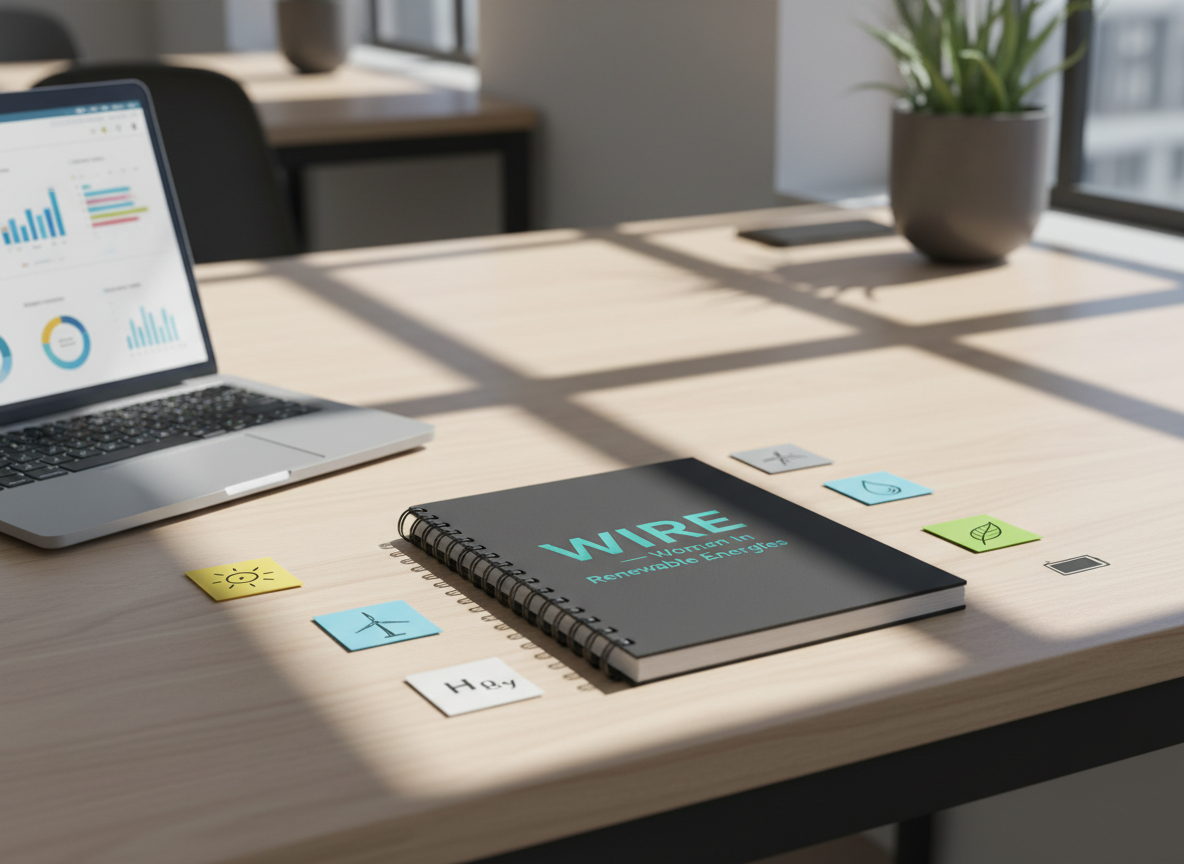A minimalist, photographic realism close-up of a desktop in a bright co-working space, focused on a bold, spiral-bound notebook embossed with the title “WIRE – Women In Renewable Energies” in metallic teal on a matte charcoal cover. Around it lie color-coded sticky notes with hand-drawn icons of sun, wind, water, leaf, hydrogen molecule, and battery, plus a slim silver laptop half-open, showing a blurred dashboard of renewable data. Sunlight from a nearby window creates strong, diagonal highlights and deep, graphic shadows across the wooden desk surface. Captured from a slightly elevated angle with shallow depth of field, the scene feels organized, determined, and creative, with a clean, modern aesthetic and vibrant pops of color against neutral tones.