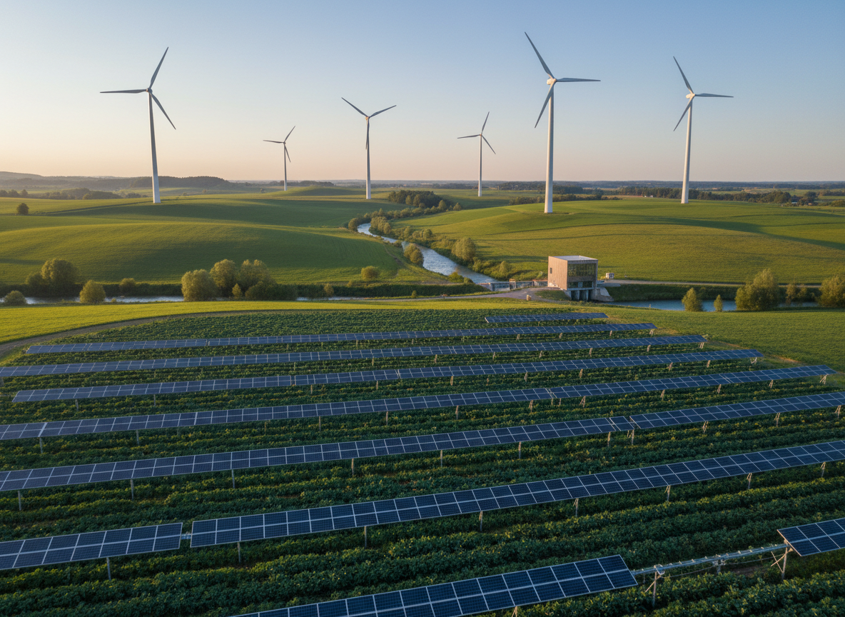 A vibrant, photographic realism landscape featuring a mosaic of renewable technologies across rolling Austrian countryside. In the foreground, a meticulously arranged agro-photovoltaic field combines rows of deep-green crops with elevated solar panels on slender supports. Further back, elegantly slender wind turbines turn slowly on a low ridge, while a small, clear river feeds a compact run-of-river hydro plant with a simple, modern powerhouse. Soft golden-hour sunlight bathes the scene, intensifying greens and blues and casting warm, gentle shadows. Shot from a high, slightly angled drone perspective, the composition is expansive yet harmonious, celebrating diversity in renewable sources with a bold, optimistic mood and crisp, clean details throughout.