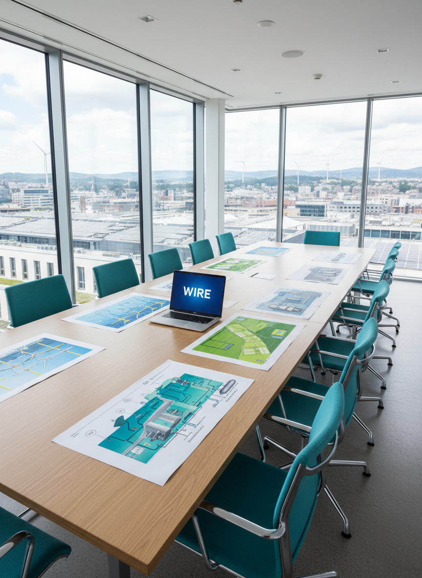 A spacious, ultra-modern meeting room in photographic realism, featuring a long recycled-wood conference table surrounded by empty ergonomic chairs upholstered in fresh, teal fabric. On the table lie color-coded diagrams of wind farms, solar layouts, hydro plants, and hydrogen storage systems, along with a laptop displaying a bold WIRE logo. Floor-to-ceiling windows reveal a city skyline with visible rooftop solar and distant wind turbines on nearby hills. Bright, diffused daylight floods the room, creating minimal shadows and a confident, forward-looking mood. Captured at eye level with a slight diagonal tilt across the table, the composition emphasizes collaboration and strategy, using a clean, minimalist aesthetic with sharp focus and vibrant but balanced colors.