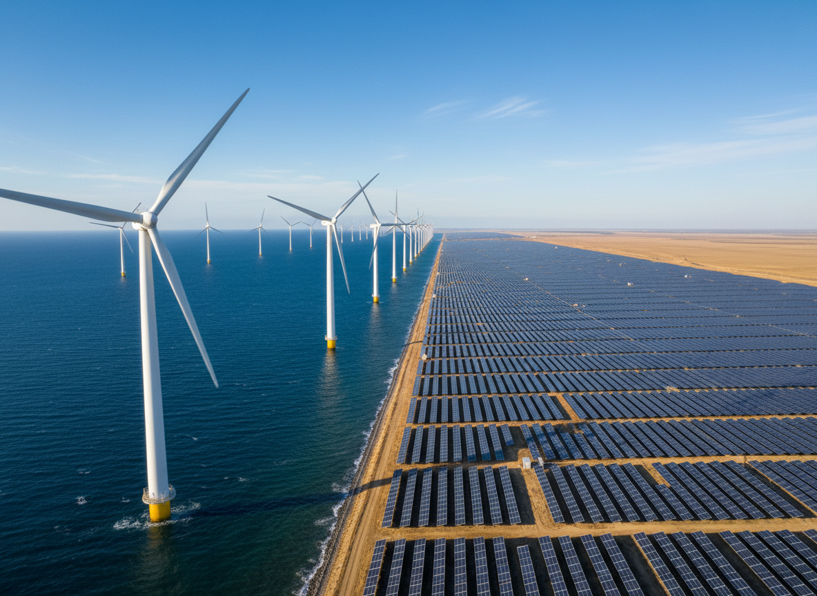 A bold, high-contrast photographic realism scene of a sleek offshore wind farm and vast solar field seamlessly meeting at the horizon. Tall white turbines with subtle wear on the paint rise from a deep blue sea, their blades frozen mid-rotation, while in the foreground, perfectly aligned dark-blue photovoltaic panels extend across a dry, golden landscape. The sky is a clear, crisp azure with a few high-altitude clouds. Strong late-afternoon sunlight casts long, dynamic shadows, emphasizing geometry and scale. Captured from a slightly elevated wide-angle perspective with sharp focus throughout, the composition uses the rule of thirds, creating a powerful, optimistic mood about the energy transition, clean and modern in aesthetic.