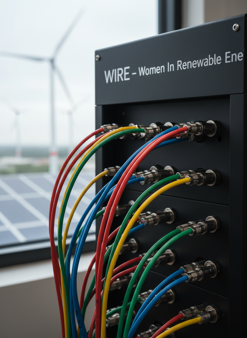 A close-up, photographic realism shot of an intricate network of bright-colored electrical cables and fiber-optic lines emerging from a matte-black control cabinet labeled “WIRE – Women In Renewable Energies” in clean white typography. Each cable is neatly organized, with vivid reds, yellows, blues, and greens forming bold, intersecting paths that suggest connection and empowerment. The background shows blurred hints of industrial renewable infrastructure: out-of-focus turbine towers and solar arrays behind a large window. Cool, directional studio lighting from the side creates crisp highlights along the cable insulation and subtle reflections on metal connectors. The composition is tight and graphic, with shallow depth of field and a dynamic, energetic atmosphere.