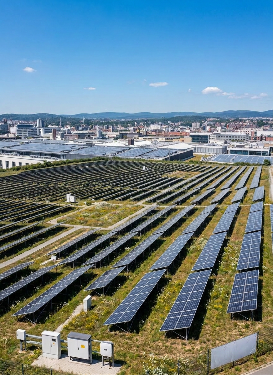 Rows of solar panels on grassy land with wind turbines and urban buildings in the distance