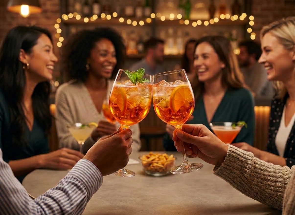 Four people toasting with orange cocktails at a bar table