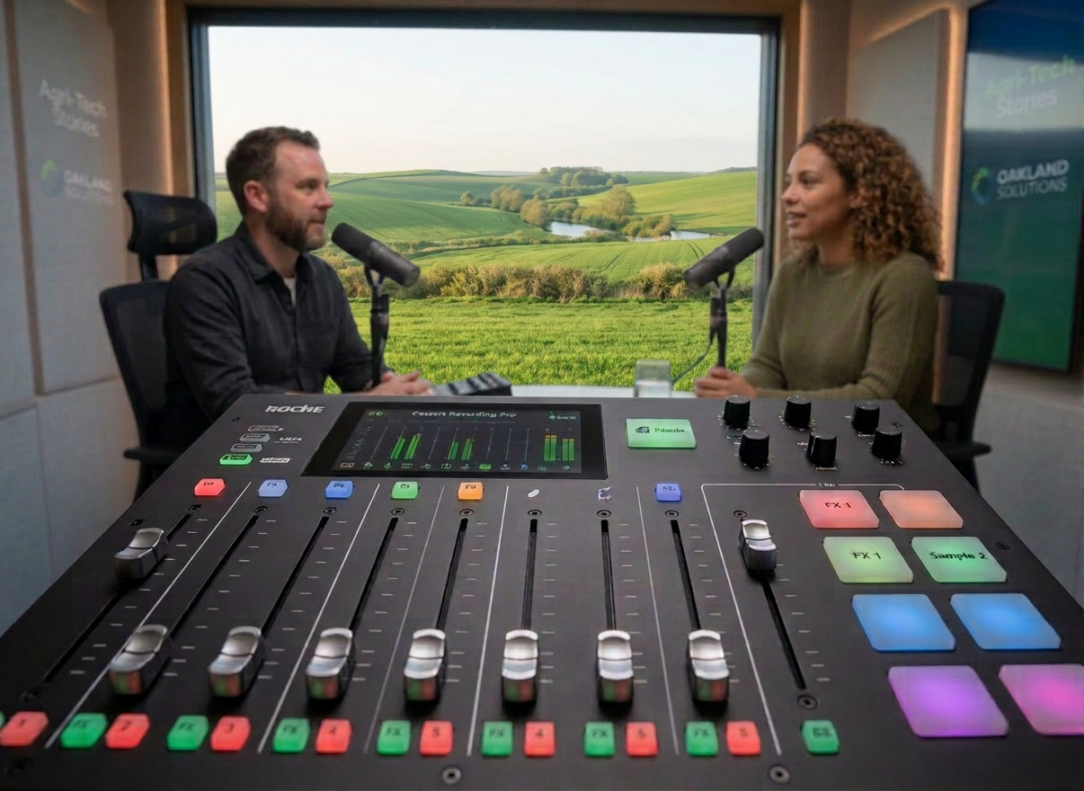 Two people talking into microphones in a podcast studio with wind turbines visible through the window